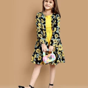 Full Sleeves Sunflower Printed Shrug With Solid Dress