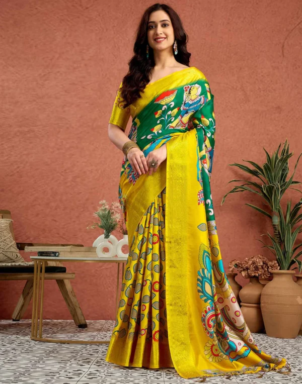 Yellow Tussar Silk Printed Kalamkari Saree - Image 2