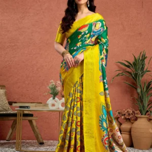 Yellow Tussar Silk Printed Kalamkari Saree