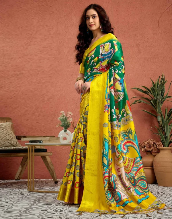 Yellow Tussar Silk Printed Kalamkari Saree - Image 3