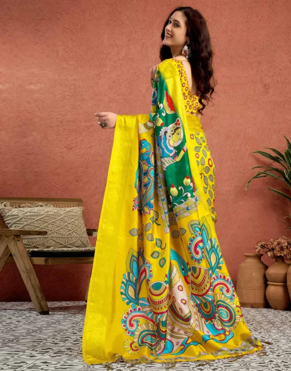 Yellow Tussar Silk Printed Kalamkari Saree - Image 5