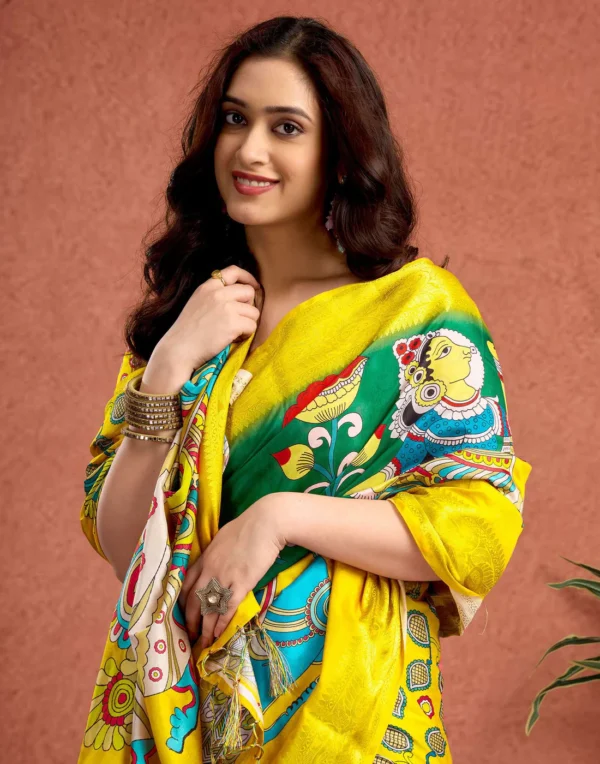 Yellow Tussar Silk Printed Kalamkari Saree - Image 6