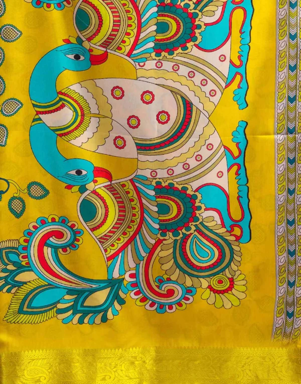 Yellow Tussar Silk Printed Kalamkari Saree - Image 8