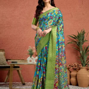 Blue Tussar Silk Printed Kalamkari Saree