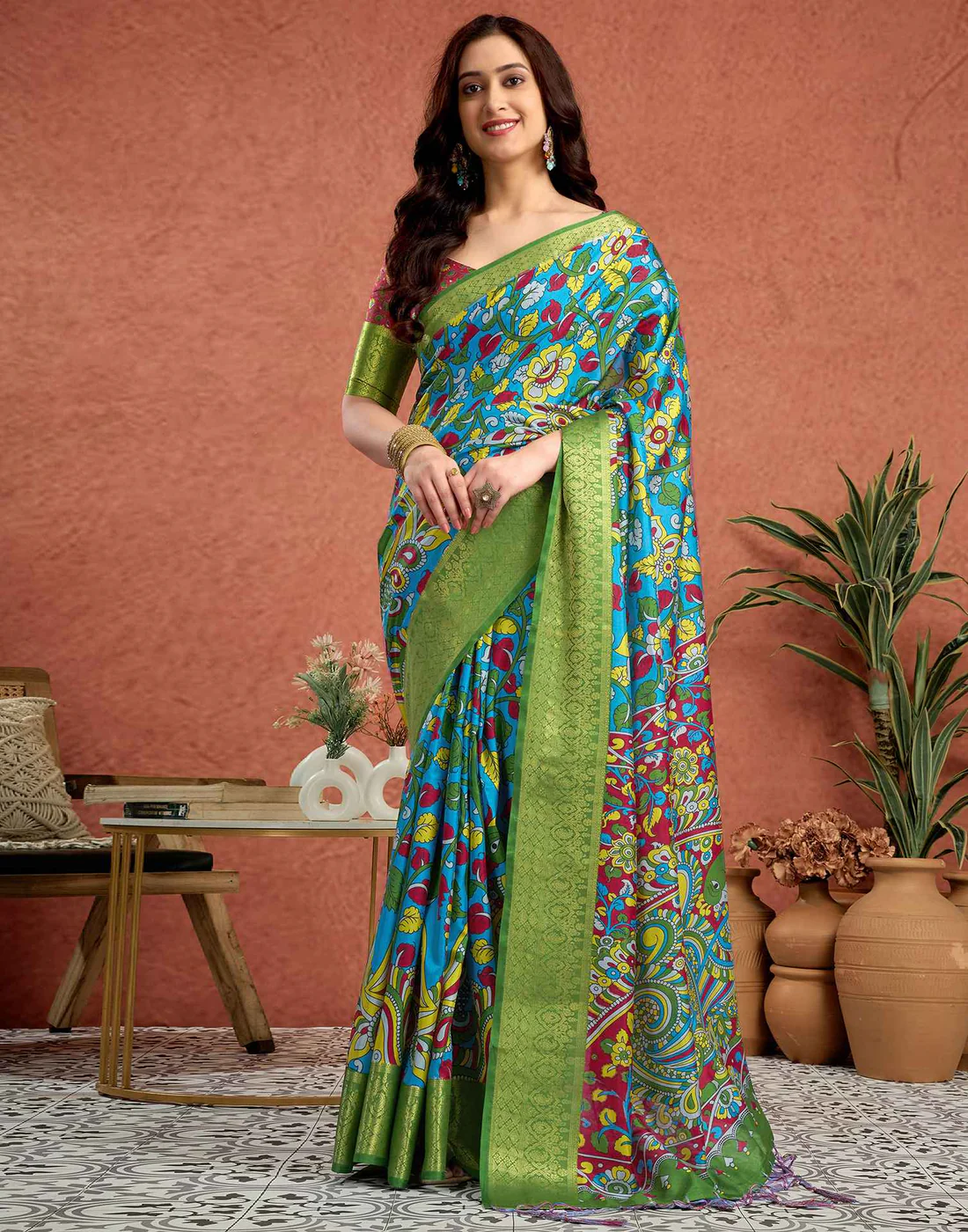 Blue Tussar Silk Printed Kalamkari Saree