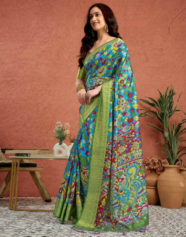 Blue Tussar Silk Printed Kalamkari Saree