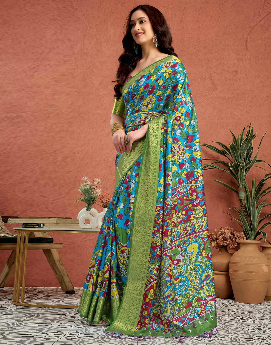 Blue Tussar Silk Printed Kalamkari Saree