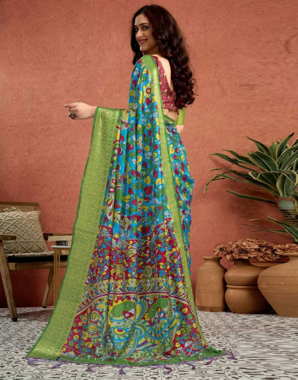 Blue Tussar Silk Printed Kalamkari Saree