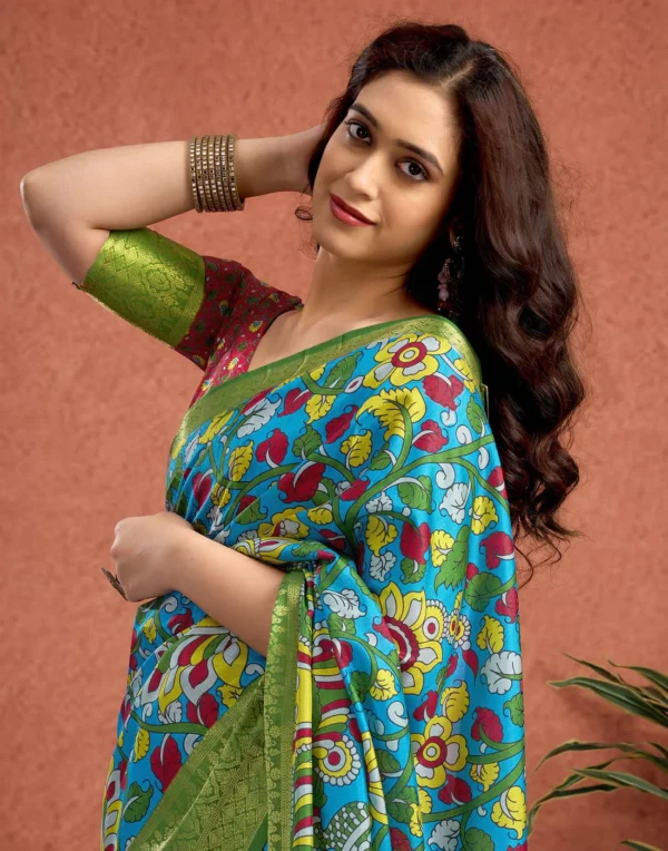 Blue Tussar Silk Printed Kalamkari Saree