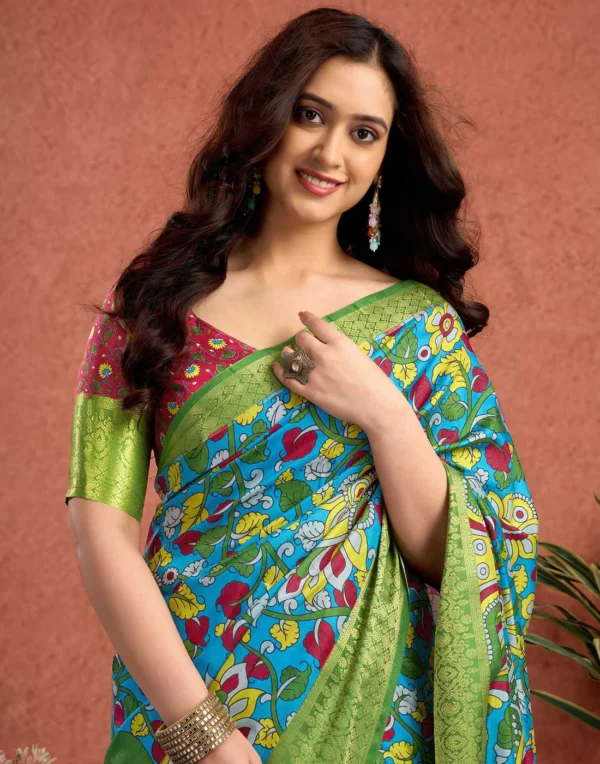 Blue Tussar Silk Printed Kalamkari Saree