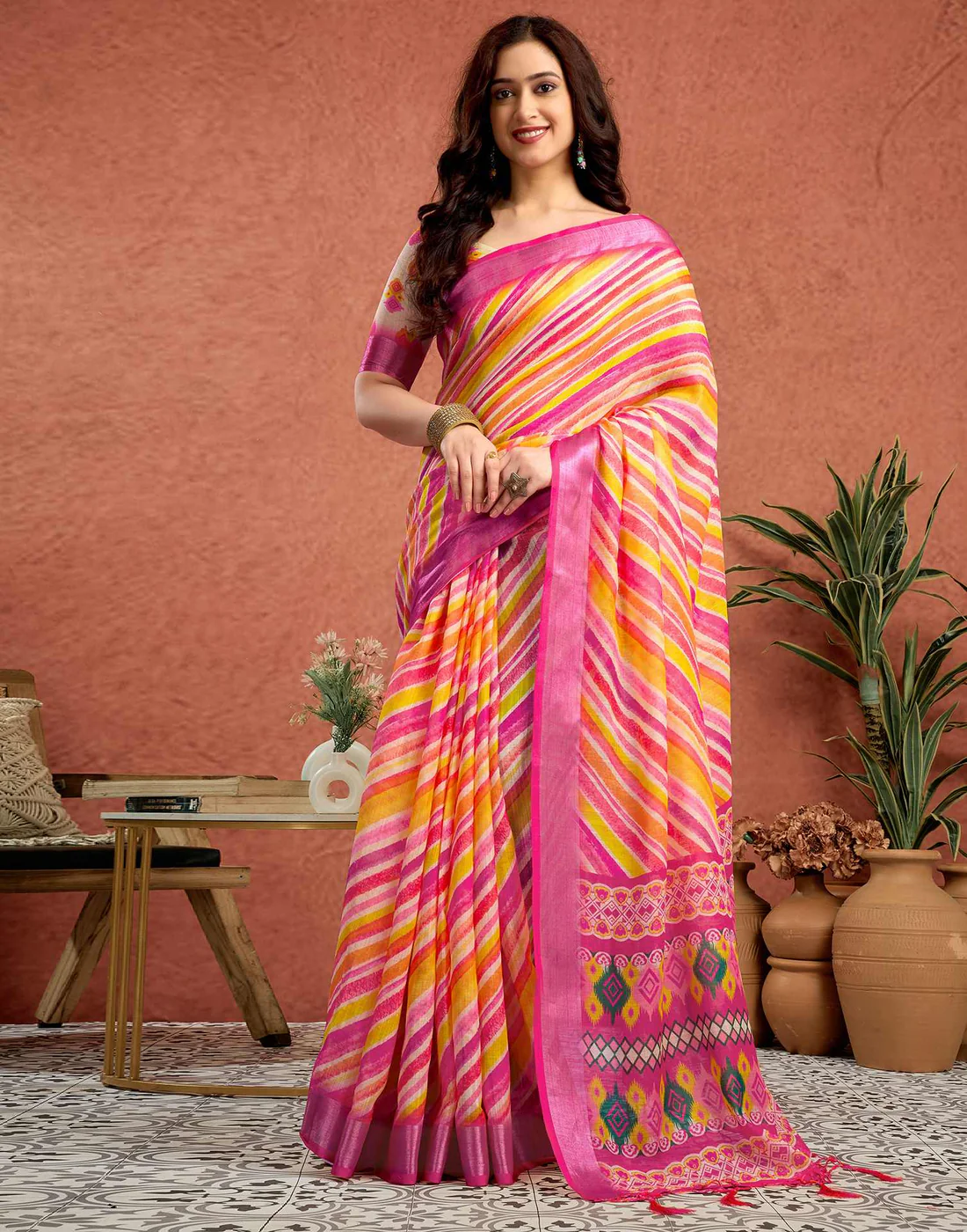 Pink Linen Printed Saree