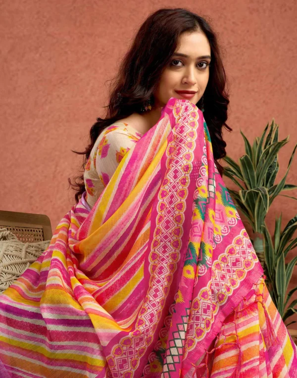 Pink Linen Printed Saree - Image 5
