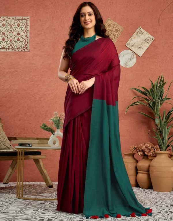 Teal Green Linen Top Dyed Solid Saree
