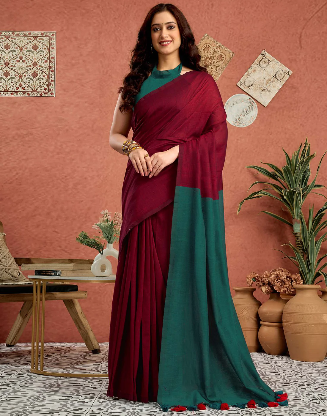Teal Green Linen Top Dyed Solid Saree