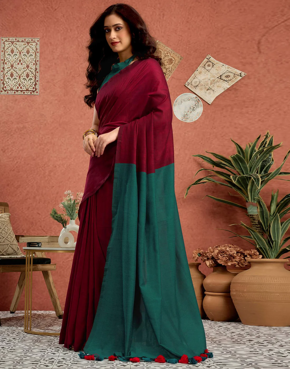 Teal Green Linen Top Dyed Solid Saree