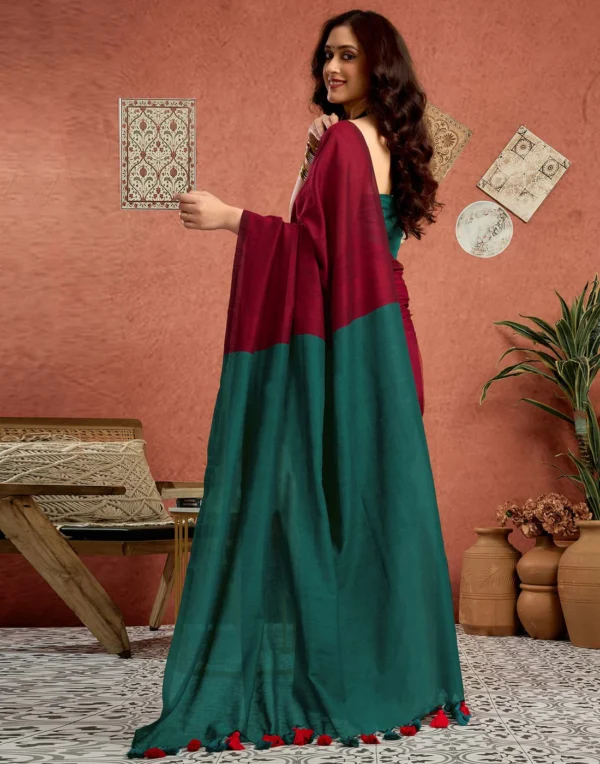 Teal Green Linen Top Dyed Solid Saree - Image 4