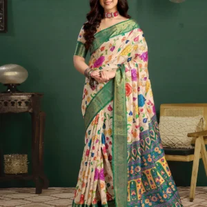 Light Khaki Tussar Silk Printed Kalamkari Saree
