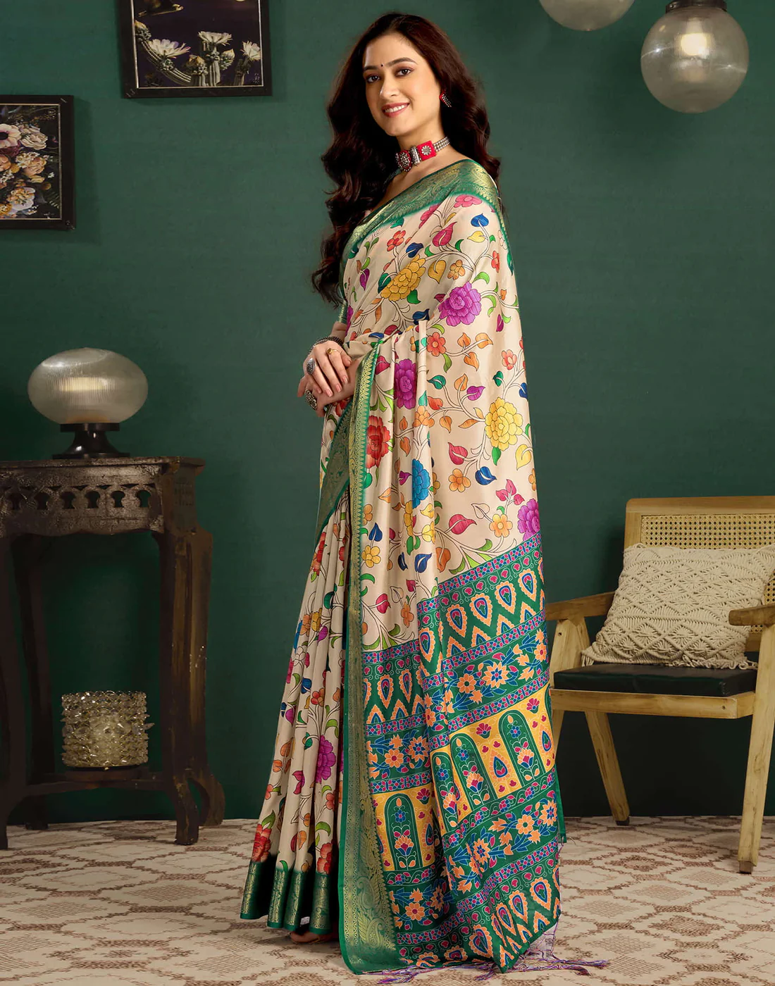 Light Khaki Tussar Silk Printed Kalamkari Saree