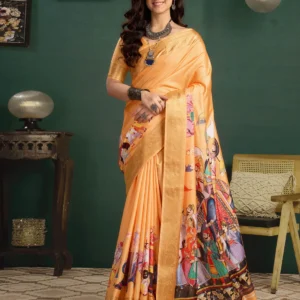 Light Orange Tussar Silk Printed Kalamkari Saree