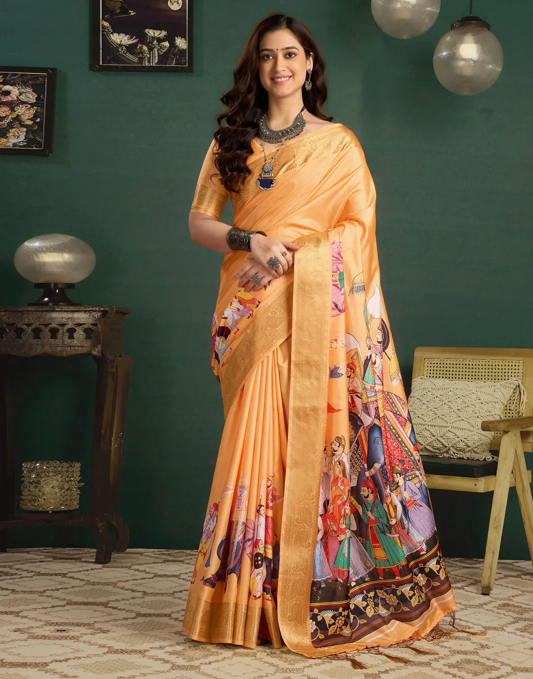 Light Orange Tussar Silk Printed Kalamkari Saree