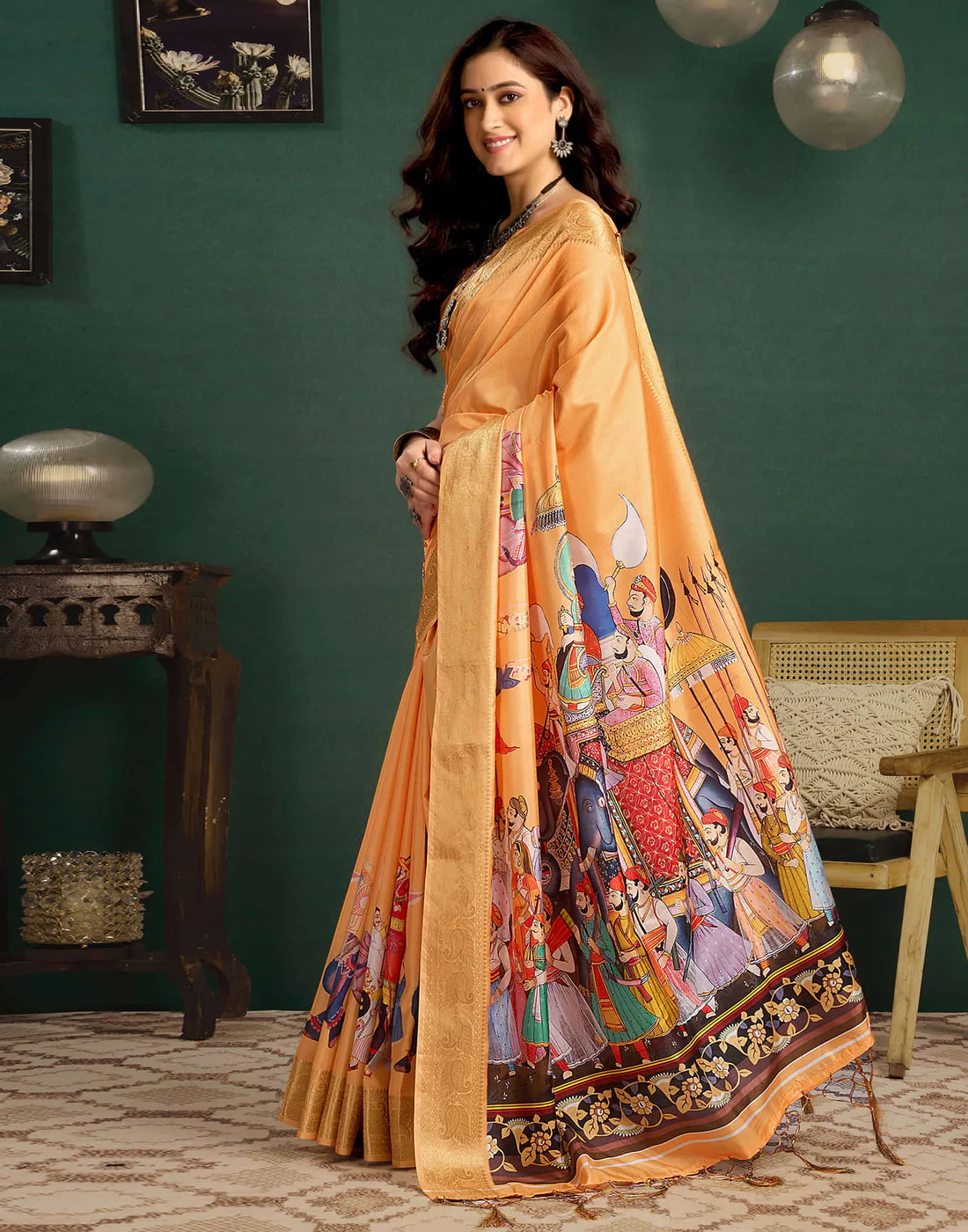 Light Orange Tussar Silk Printed Kalamkari Saree