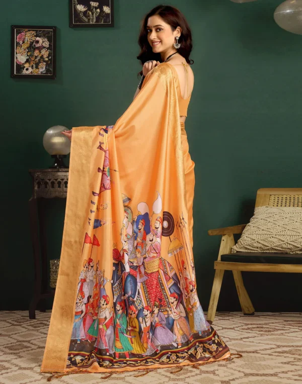 Light Orange Tussar Silk Printed Kalamkari Saree