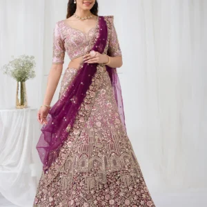 Purple Zariwork Net Semi Stitched Lehenga