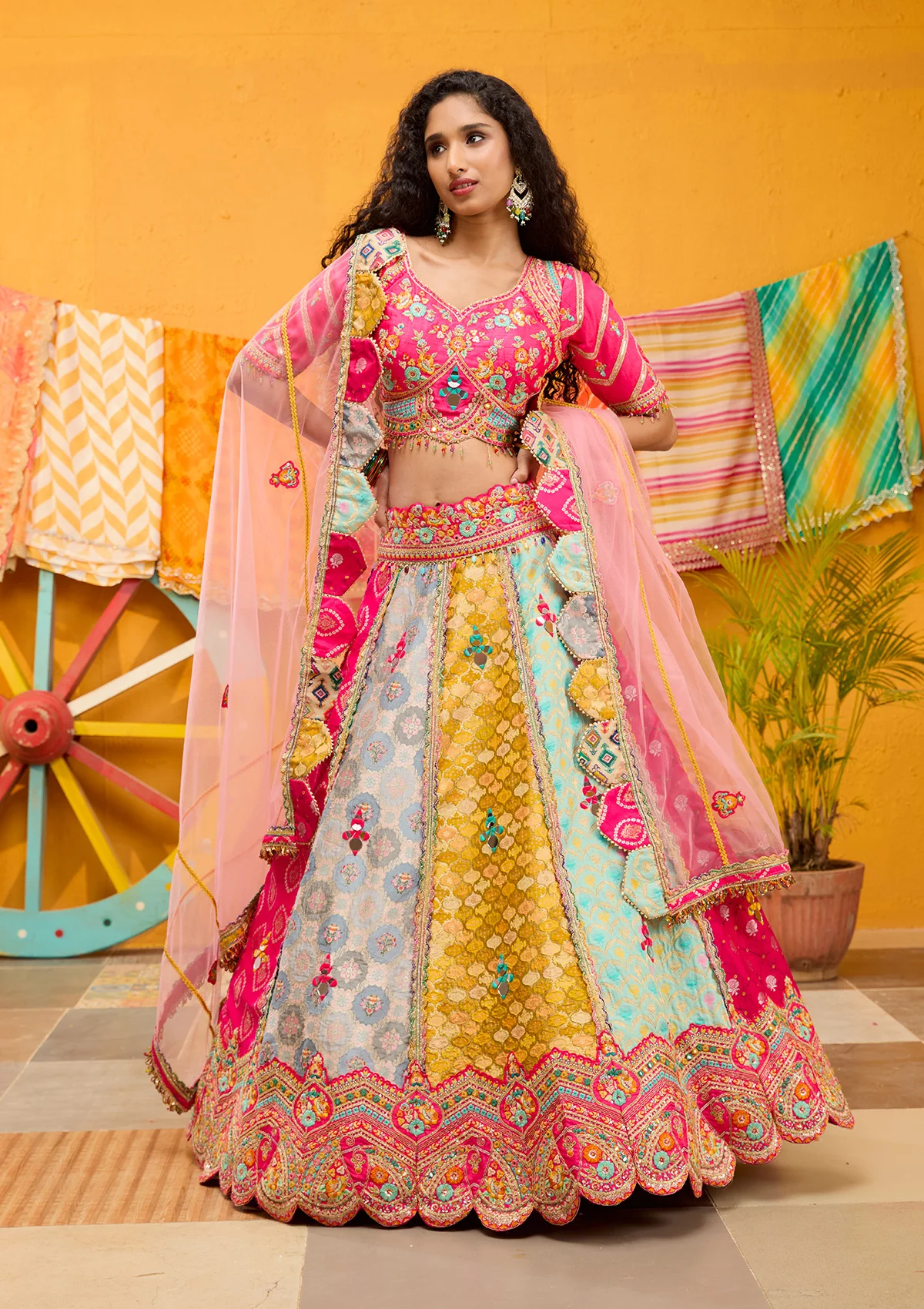 Rani Pink Threadwork Banarasi Readymade Lehenga