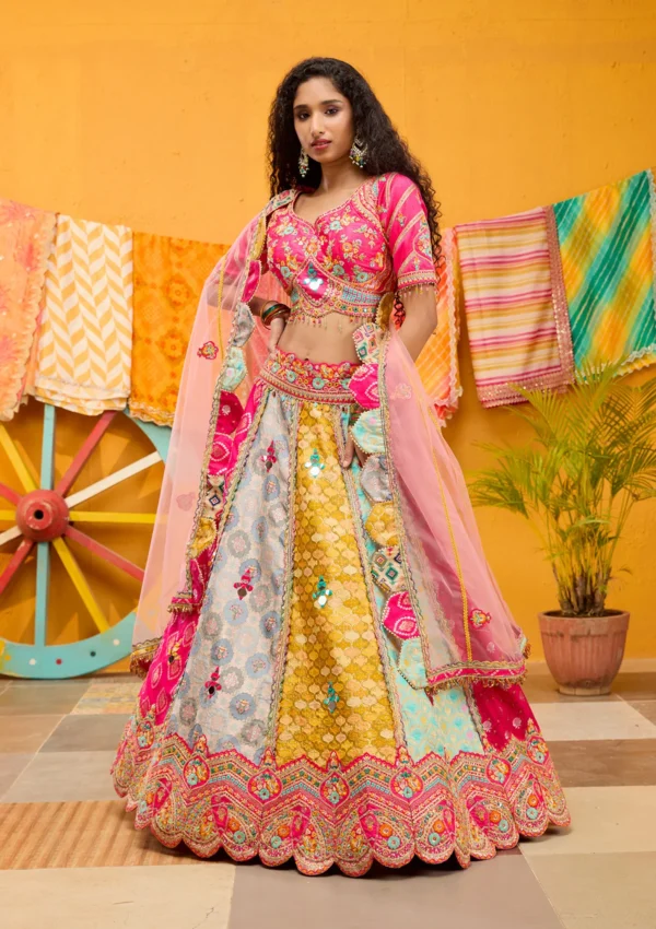 Rani Pink Threadwork Banarasi Readymade Lehenga