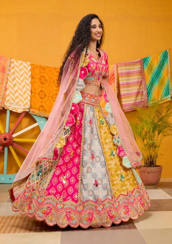 Rani Pink Threadwork Banarasi Readymade Lehenga