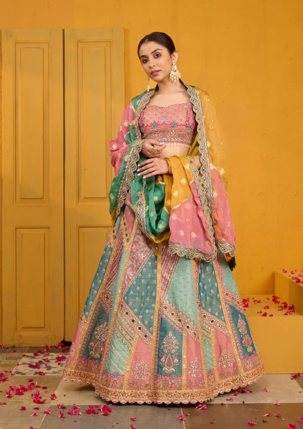 Peach Threadwork Banarasi Readymade Lehenga
