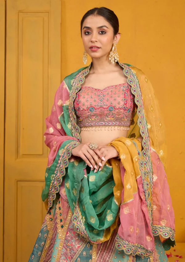 Peach Threadwork Banarasi Readymade Lehenga