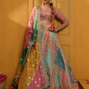 Peach Threadwork Banarasi Readymade Lehenga