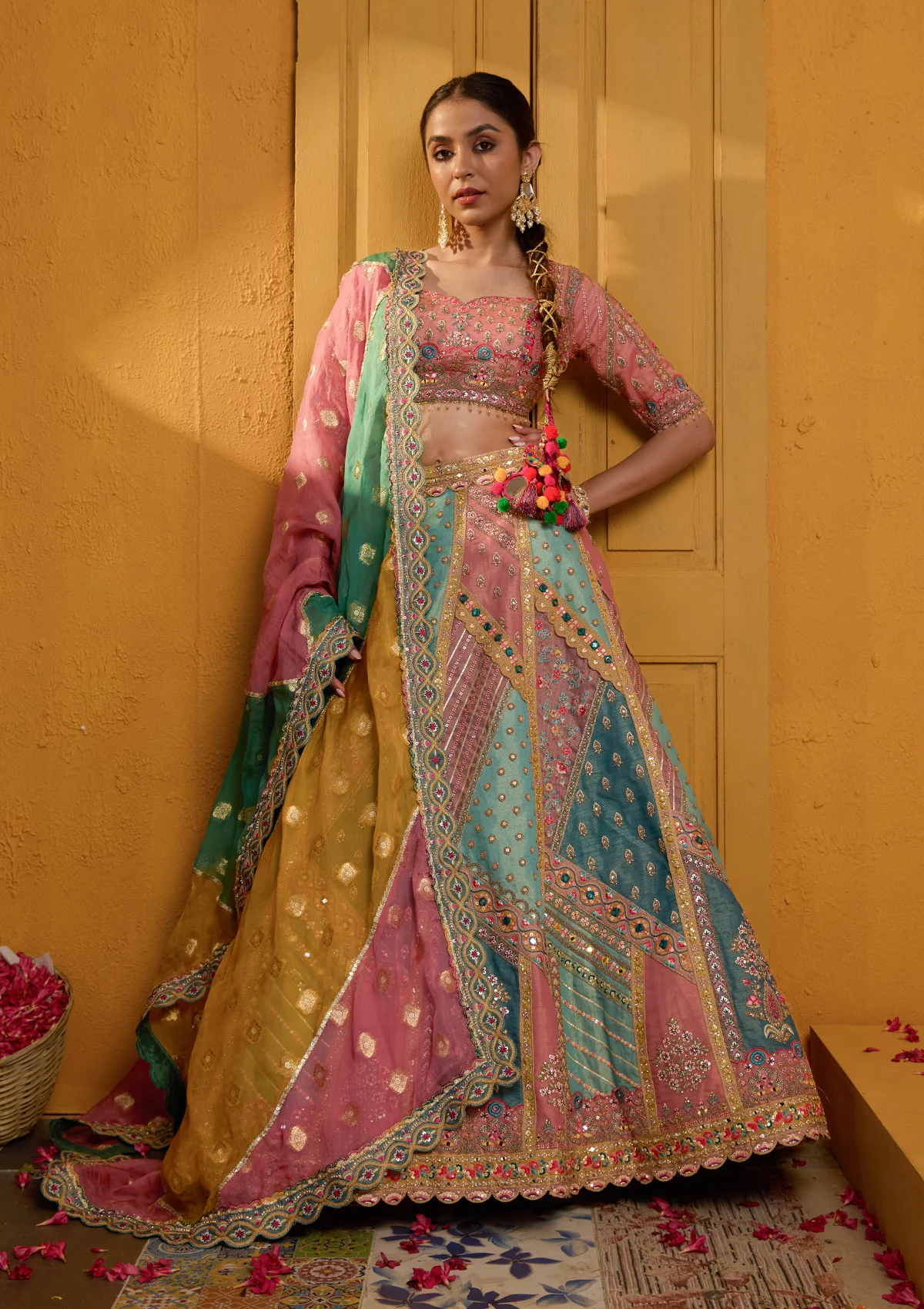 Peach Threadwork Banarasi Readymade Lehenga