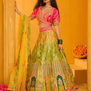 Parrot Green Zariwork Banarasi Readymade Lehenga