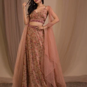 Brown Printed Satin Readymade Lehenga