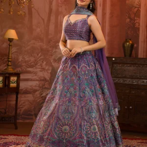 Purple Printed Semi Crepe Readymade Lehenga