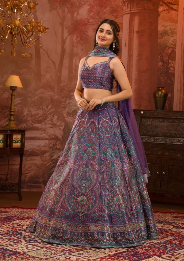Purple Printed Semi Crepe Readymade Lehenga