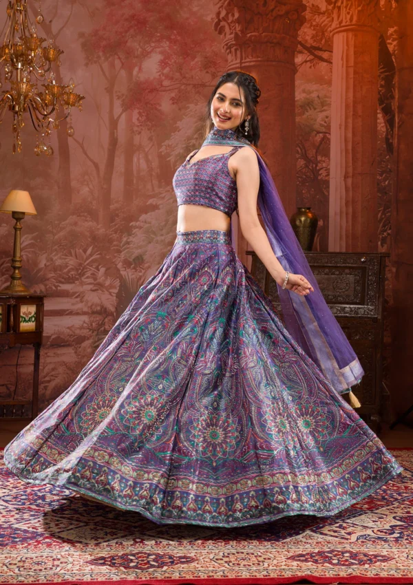 Purple Printed Semi Crepe Readymade Lehenga