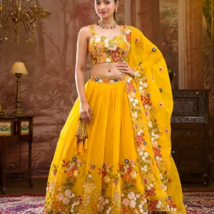 Yellow Threadwork Tissue Readymade Lehenga