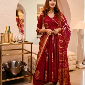 Maroon Angrakha Bandhej Suit Set